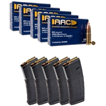 100rds Of AAC 300 Blackout Ammo 110 Grain V-Max 20rd Box Ammunition w/JAG Head Stamp &amp; 5 Magpul Gen2 PMAG 30RD 5.56X45 Magazine - $90