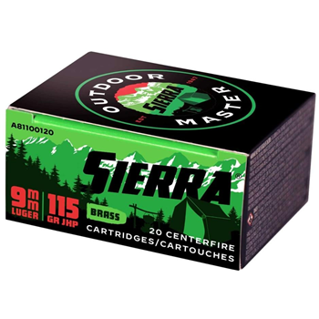Sierra Outdoor Master 9mm Ammo 115 Grain JHP, 20rds - $6.99 - $6.99