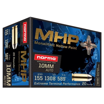 Norma 10mm MHP 155gr Brass Cased Ammo, 20rds - $9.99 - $9.99