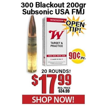 Winchester 300 Blackout 200 Grain Subsonic USA Full Metal Jacket Open Tip 20 Rounds - $17.99 - $17.99