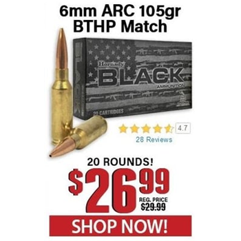 Hornady Black 6mm ARC 105 Grain Boat Tail Hollow Point Match 20 Rounds - $26.99 - $26.99