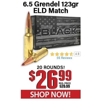 Hornady Black 6.5 Grendel 123 Grain ELD Match 20 Rounds - $26.99 - $26.99