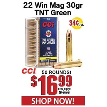 CCI 22 Winchester Magnum 30 Grain TNT Green 50 Rounds - $16.99 - $16.99