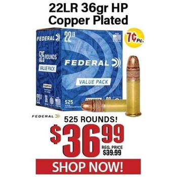 Federal Champion Copper Plated Hollow Point 22 LR 36 Grain High Velocity 525 Rounds - $36.99 - $36.99