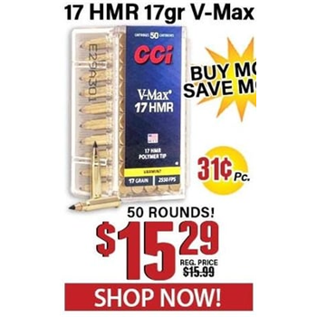 CCI .17 HMR 17 Grain V-Max 50 Rounds - $15.29 - $15.29