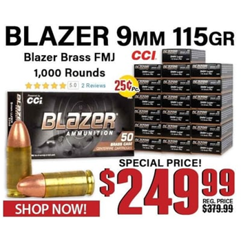 Blazer Brass 9mm Luger 115 Grain Full Metal Jacket 1000 Rounds - $249.99 - $249.99