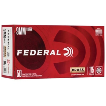 Federal Champion 9mm 115gr Full Metal Jacket 50rd box - Brass Casing - $11.49 (Free Shipping on Firearms) - $11.49