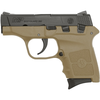 
		  	    
		  		  Description:   additional factory mag added to the cart for free at checkout
Compact, sleek and ergonomic, the M&amp;PÂ® BODYGUARDÂ® 380 delivers personal protection in an easy-to-carry, comfortable platform. Chambered for .380 ACP, the lightweight pistol features a high-strength polymer frame with a black, matte-coated stainless-steel slide and barrel. The new M&amp;P BODYGUARD 380 retains original design features including a 2 Â¾-inch barrel, which contributes to an overall length of 5 Â¼ inches and an unloaded weight of only 12.3 ounces making it perfectly suited for concealed carry.
SKU: 10167
Model: M&amp;PÂ® BODYGUARDÂ® 380 FDE
Caliber: .380 Auto
Capacity: 6+1
Safety: Thumb Safety
Barrel Length: 2.75" / 6.9 cm
Overall Length: 5.3"
Front Sight: Stainless Steel Drif