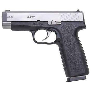 
		  	    
		  		  Description:  Coupon "10PROMO" for 10% off everything and free shipping - kahr ct model.45 acp black polymer frame, matte stainless slide, ct4543
    Caliber: .45 ACP
    Capacity: 7+1
    Operation: Trigger cocking DAO; lock breech; "Browning - type" recoil lug; passive striker block; no magazine disconnect
    Barrel: 4.04", conventional rifling; 1 - 16.38 right-hand twist
    Length O/A: 6.57"
    Height: 5.25"
    Slide Width: 1.01"
    Weight: Pistol 23.7 ounces, Magazine 2.4 ounces
    Grips: Textured polymer
    Sights: Drift adjustable white bar-dot combat rear sight, pinned in polymer front sight
    Finish: Black polymer frame, matte stainless steel slide
    Magazine: 1 - 7 rd Stainless

		  	