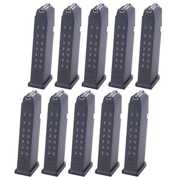 
		  	    
		  		  Description: Online Only, Do Not Call, one coupon per order - Coupon "LDD" for $10 Off $99 + Free S/H or Coupon "LDN" for $20 off $200 + free shipping - 080-001-255WB
Model 17/34 9mm Magazine 10 Pack
Cartridge: 9 mm Luger
Capacity: 17-Round
Quantity: 10
Finish: Black
Material: Polymer
Description
Specs
Be confident your GlockÂ® pistol will perform to factory standards each and every time with genuine GlockÂ® factory magazines. Manufactured to GlockÂ® specifications in Austria by GlockÂ®. All models include round count indicator on rear face of magazine body and standard factory baseplate.
â€œGLOCKâ€ is a federally registered trademark of Glock, Inc. and is one of many trademarks owned by Glock, Inc. or Glock Ges.m.b.H. Brownells is an independent dealer of parts and ac