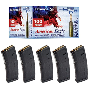   Federal American Eagle Training 55 gr FMJ 5.56x45 Ammunition 100 Rounds & 5 Magpul PMAG 30 Round Magazines - $99.99