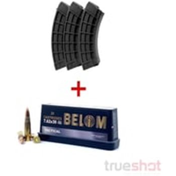 3 US Palm Black AK Mags (Polymer Latch) with Belom 7.62x39mm 123 Grain FMJ 100 Rounds - $99.99 - $99.99