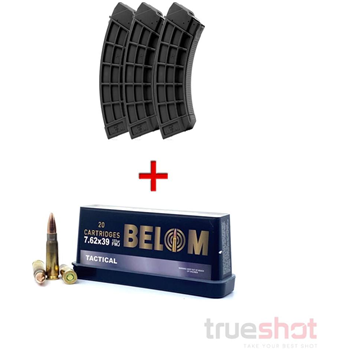 3 US Palm Black AK Mags (Polymer Latch) with Belom 7.62x39mm 123 Grain FMJ 100 Rounds - $99.99 - $99.99