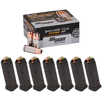 100rds Sig Sauer Elite Performance V-Crown 115gr JHP 9mm Ammo &amp; 7 Magpul PMAG 15rd GL9 9mm Magazines - $139.99 - $139.99