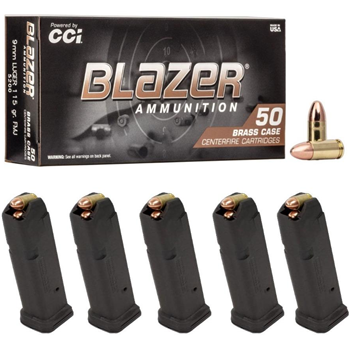 250rds CCI Blazer 9mm 115gr FMJ Ammo &amp; 5 Magpul Pmag 15rd GL9 Mags for GLOCK G19 - $129.99 - $129.99