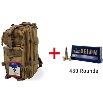Full Forge Gear Hurricane Tactical Backpack Tan with Belom 7.62x39 123 Grain FMJ 480 Rounds - $262 - $262.00