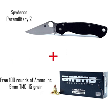 100 Rounds of 9mm Ammo Inc 115 Gr TMC with Spyderco Paramilitary 2 Black G-10 CPM S45VN 3.44" - $171.50