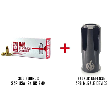 300 Rounds SAR USA 9mm NATO 124 Grain FMJ with Falkor Defense AR-9 Muzzle Device - $138.50 - $138.50