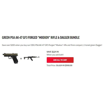 PSA Dagger Compact 9mm Pistol + Green PSA AK-47 GD3 Forged "MOEKOV" Combo - $900 (read the description on how to get this deal) - $900.00
