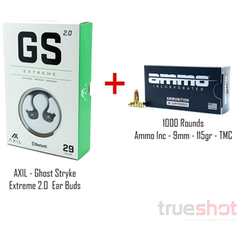 Ammo Inc. Signature 9mm 115 Grain TMC 1000 Rounds with AXIL Ghost Stryke Extreme 2.0 Ear Buds Black - $369.00 - $369.00