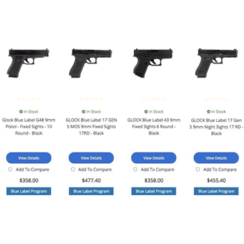 **Blue Label** Glock 17, 19, 19X, 22, 34, 43, 45, 48 Handguns from $319 - $319.00