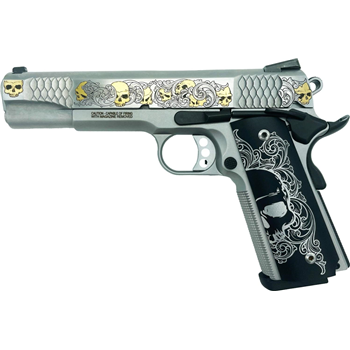 Smith and Wesson 1911 E-Series "Skulls" Gold Inlay On Stainless .45 ACP 5" 8Rds GrabAGun Exclusive - $2199.99 ($7.99 S/H on Firearms) - $2,199.99