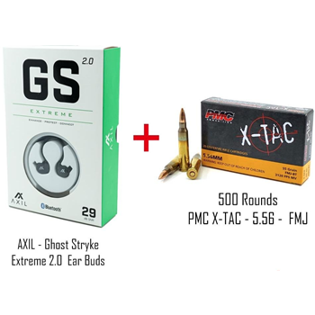 HUGE DEAL!! PMC X-TAC 5.56x45mm 55 Grain FMJBT 500 Rounds with AXIL Ghost Stryke Extreme 2.0 Ear Buds Black - $299.00 - $299.00