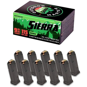 Sierra Outdoor Master 115 Grain JHP Ammo, 200rds &amp; 10 Magpul PMAG GL9 Glock G19 9mm 15rd Magazines - $159.99 ($109.99 after $50MIR) - $159.99